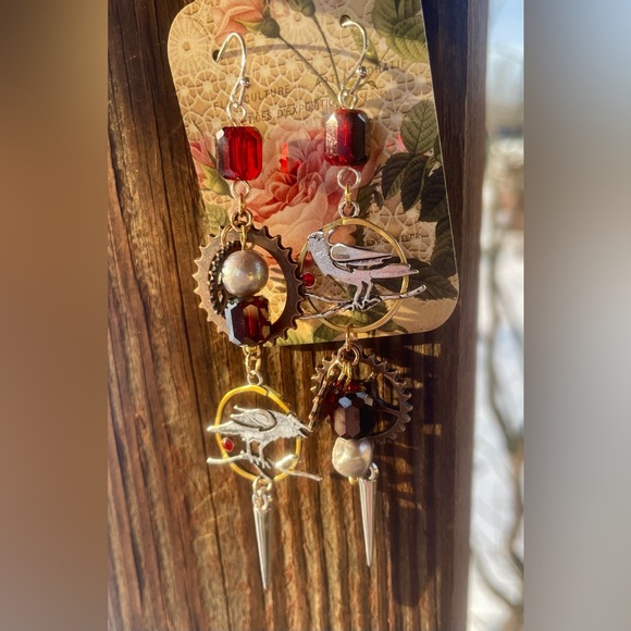 Goth Glam Red and Silver Bird Earrings - Picture 5 of 7